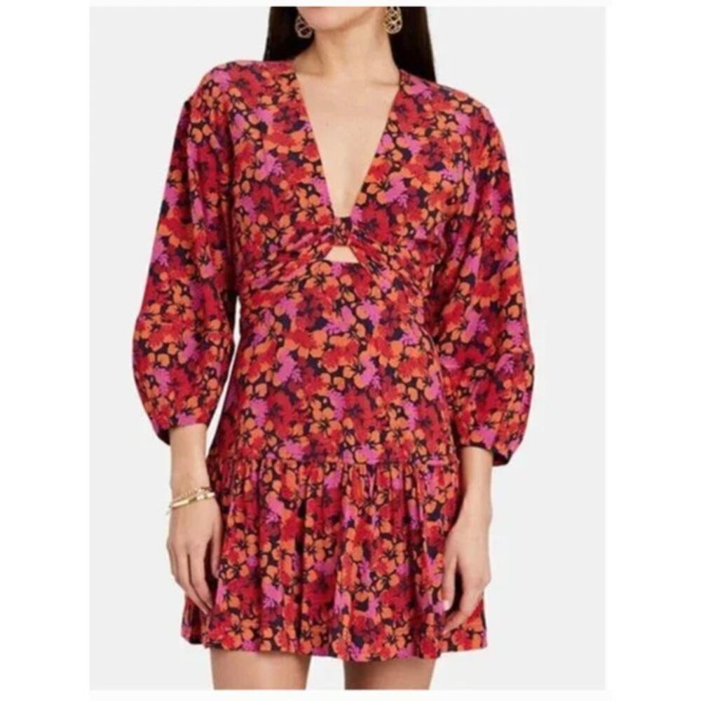 10 Crosby Derek Lam Talia Floral Dress Red and Orange Mini with Keyhole US 2